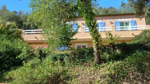 A two-story building with a beige facade and blue shutters, surrounded by dense greenery. - Villa with private pool in a quiet location with mountain views 5 min from Ceret (reynes)