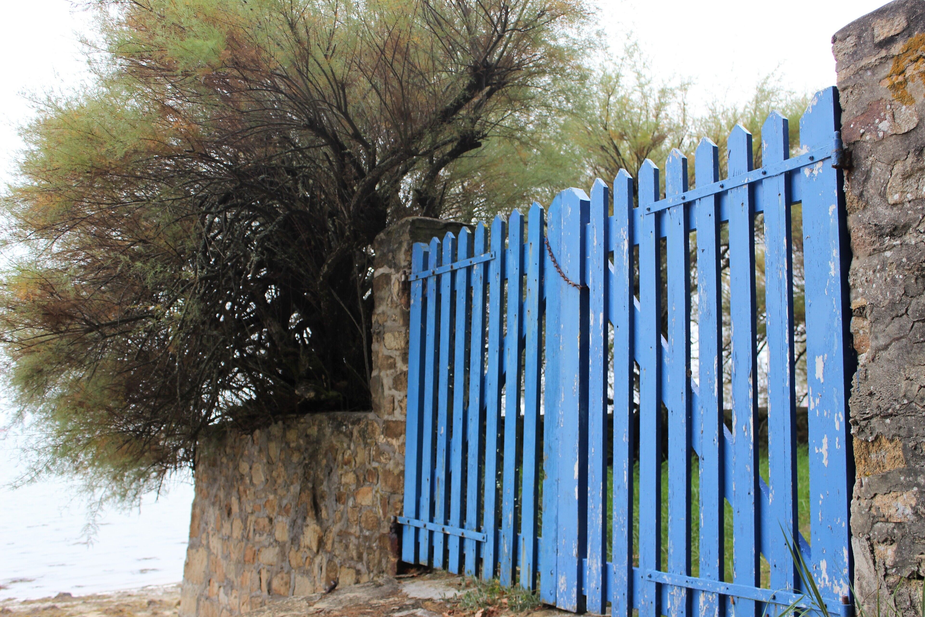 A stone wall with a blue metal gate.