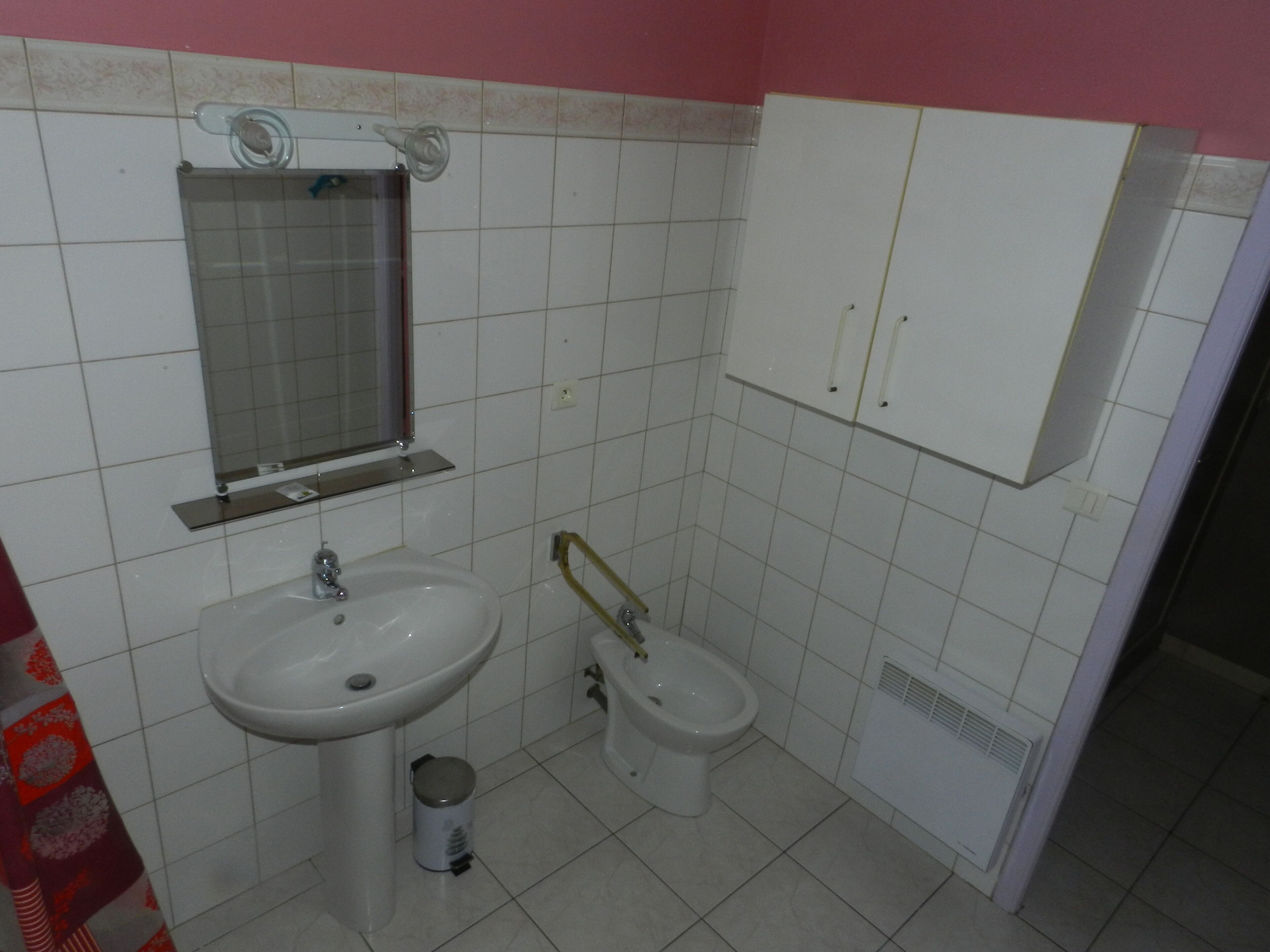 A bathroom with a sink, mirror, toilet, and a cabinet.