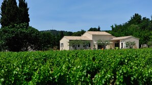 Un bâtiment à deux étages, doté d’un toit en tuiles et entouré d’un vignoble.