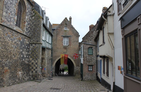 A narrow cobblestone street with historic stone buildings, a stone archway, and flags.