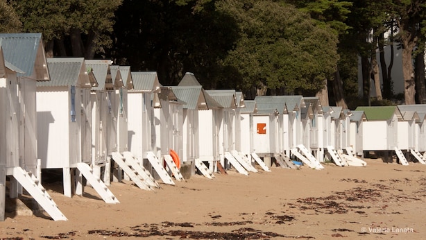A row of white beach huts with sloped roofs, arranged on a sandy beach with trees in the background. - OLD: charming house 100m from the beach (2 bedrooms, 2 bathrooms) (Noirmoutier-En-L'île)