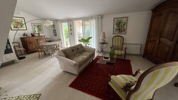 TV connectée, cheminée, livres, chaßne hi-fi