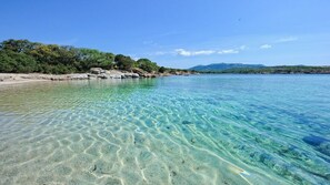 Une plage aux eaux claires et peu profondes, bordée d’un rivage sablonneux, avec en arrière-plan des collines verdoyantes.