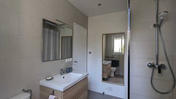Ensemble douche/baignoire, sèche-cheveux, papier toilette