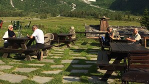 Une vue sur la montagne et un espace repas agrémenté de tables et de chaises en bois.