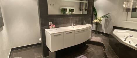 Combined shower/bathtub, hair dryer, towels, toilet paper