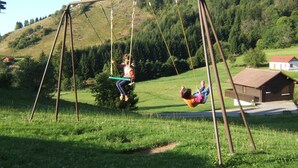 A swing set in a grassy area with a forested hill in the background. - Chalet style apartment, quiet environment and mountain sports nearby (La Bresse)