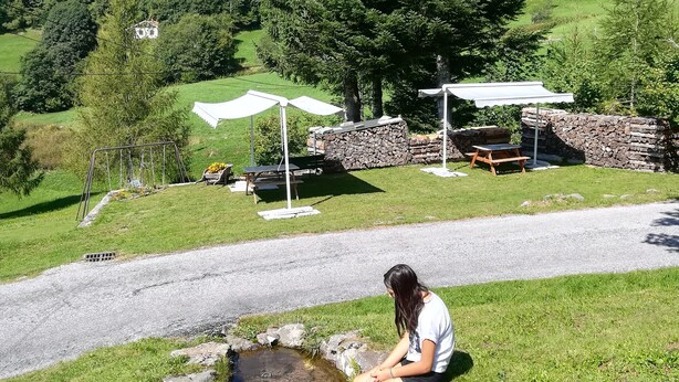 A person sitting by a small pond in a grassy area with a stone wall and picnic tables in the background. - Chalet style apartment, quiet environment and mountain sports nearby (La Bresse)
