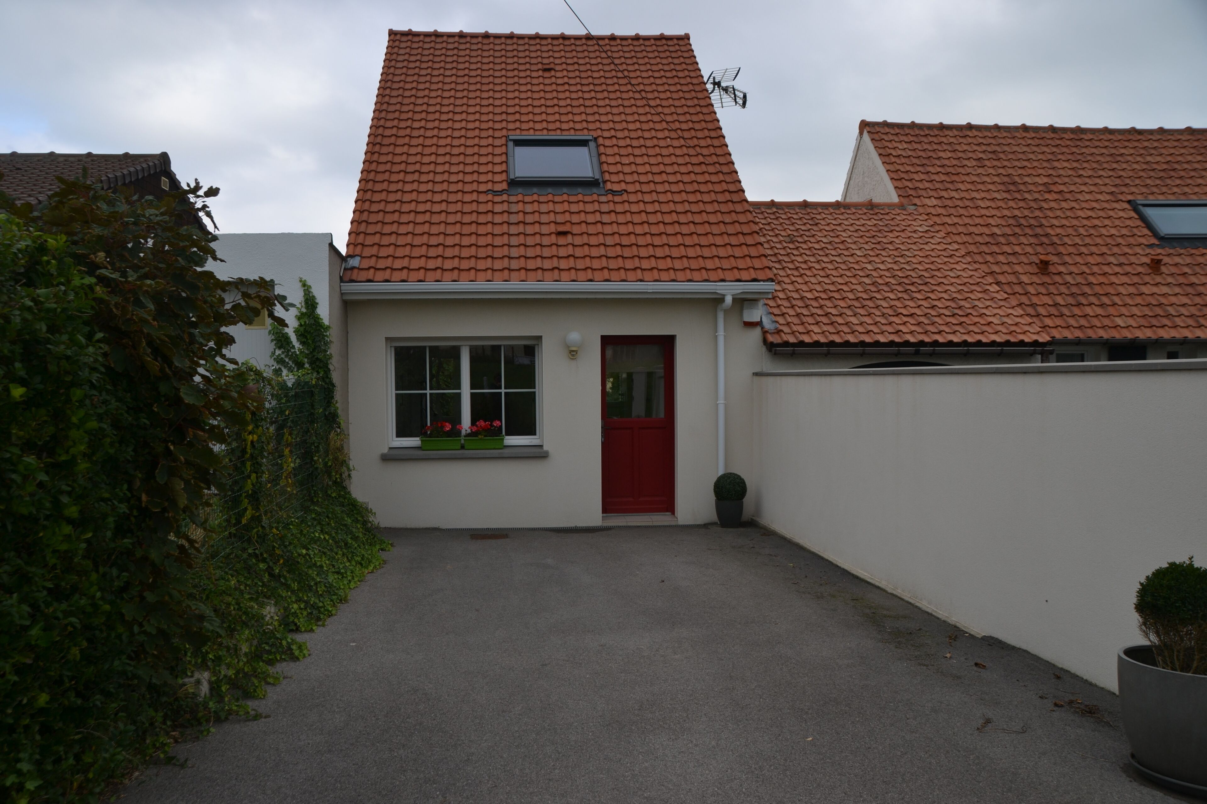A small house with a red door, a window with flowers, and a small garden area.