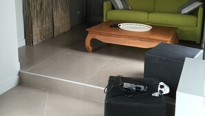 A living room with a green sofa, a wooden coffee table, and a black ottoman. There is a window with a view of bookshelves and a painting on the wall. - Charming house close to the sea and cycle paths (Saint-Martin-de-Ré)