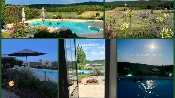 Eine Collage verschiedener Außenansichten, darunter ein Schwimmbad, Gartenanlagen und ein Steinhaus mit einem Turm.