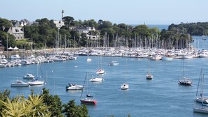 Un puerto deportivo con numerosas embarcaciones amarradas, rodeado de árboles y edificios.