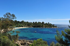A coastal landscape with a beach, clear blue sea, and dense greenery. - Charming sea view villa quiet close to the beaches (Le Lavandou)