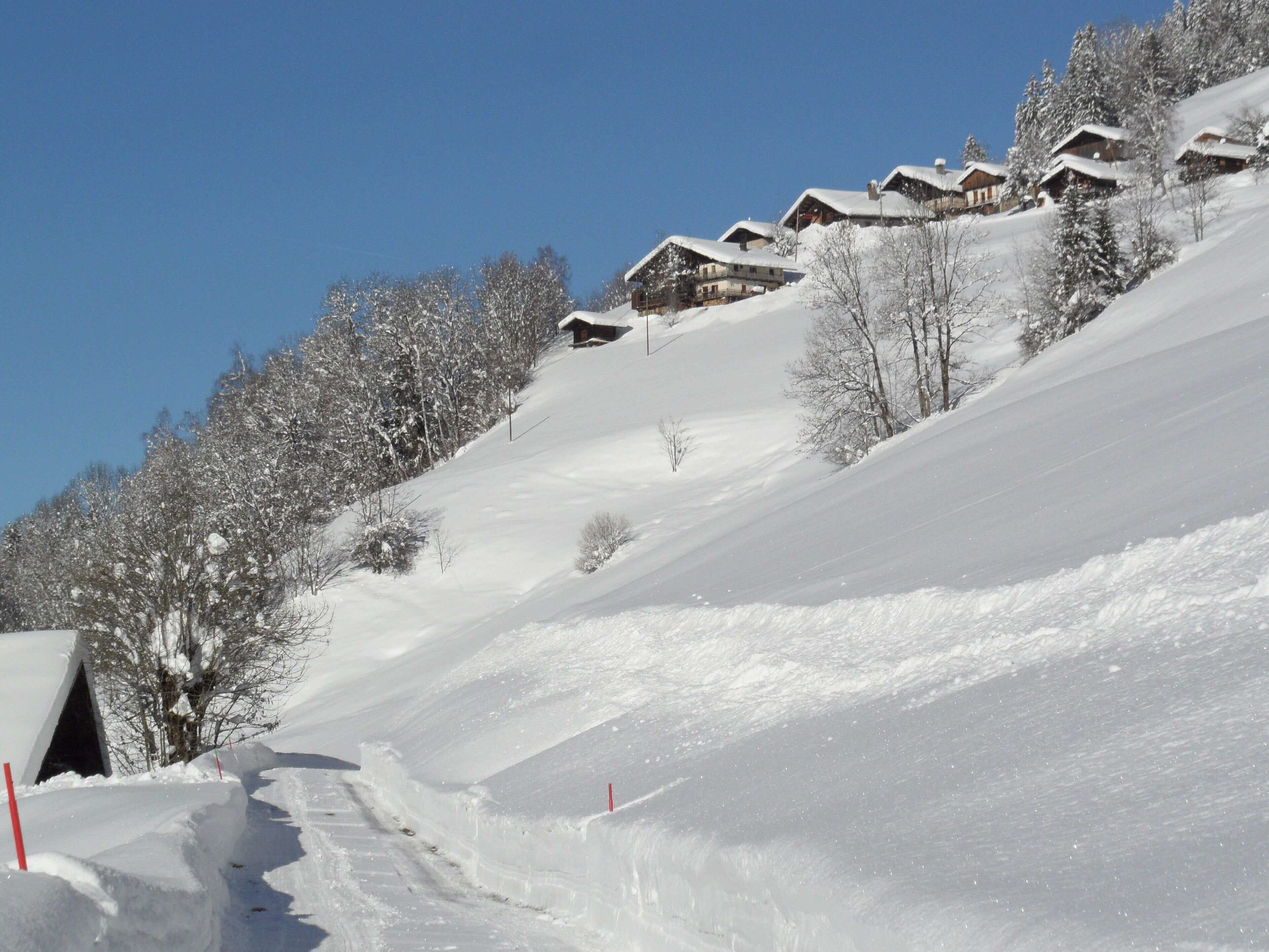 Une pente enneigée parsemée de chalets en bois.
