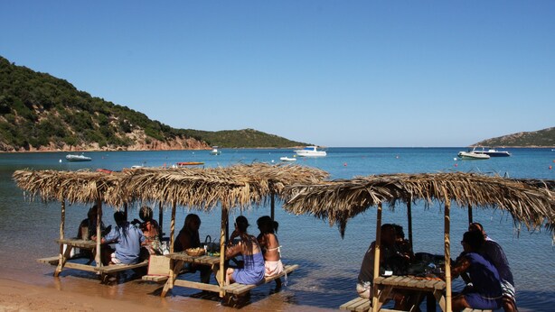 Un espace de restauration situé au bord de la plage, avec des tables et des bancs recouverts de chaume, offrant une vue sur une mer calme où voguent des bateaux.