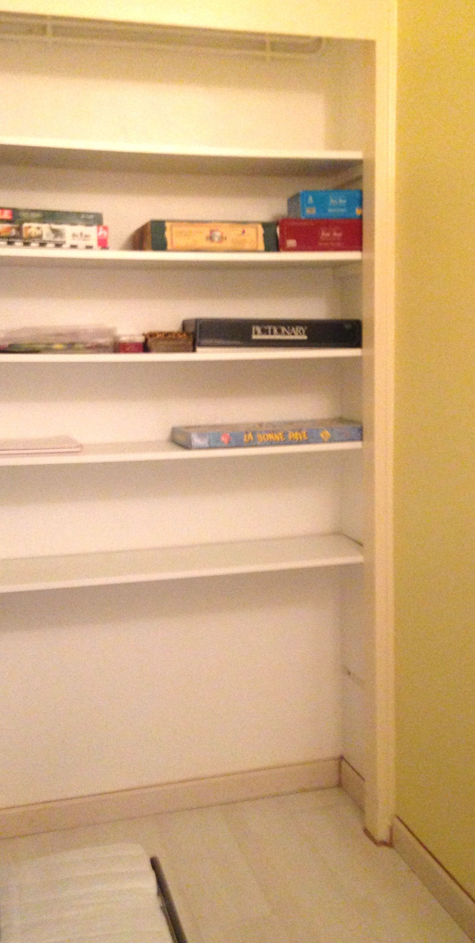 A corner of a room with a white shelf unit containing books and a dictionary.