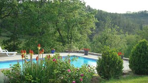 A swimming pool surrounded by lush greenery and flowers. - Sud Adèche in VINEZAC Cottage in the heart of an olive grove  (Vinezac)