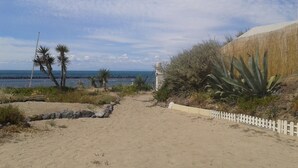 Un sentier de plage sablonneux bordé de palmiers, une clôture blanche et une côte rocheuse.