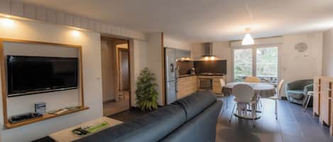 TV, DVD player, books, video library