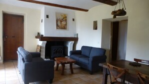 Un salon avec une cheminée, deux canapés, une table basse et une table à manger avec des chaises.