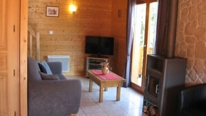 A cozy living room with a sofa, a television, a fireplace, and a stone wall. - Detached chalet 7 minutes away from Gerardmer (Le Tholy)