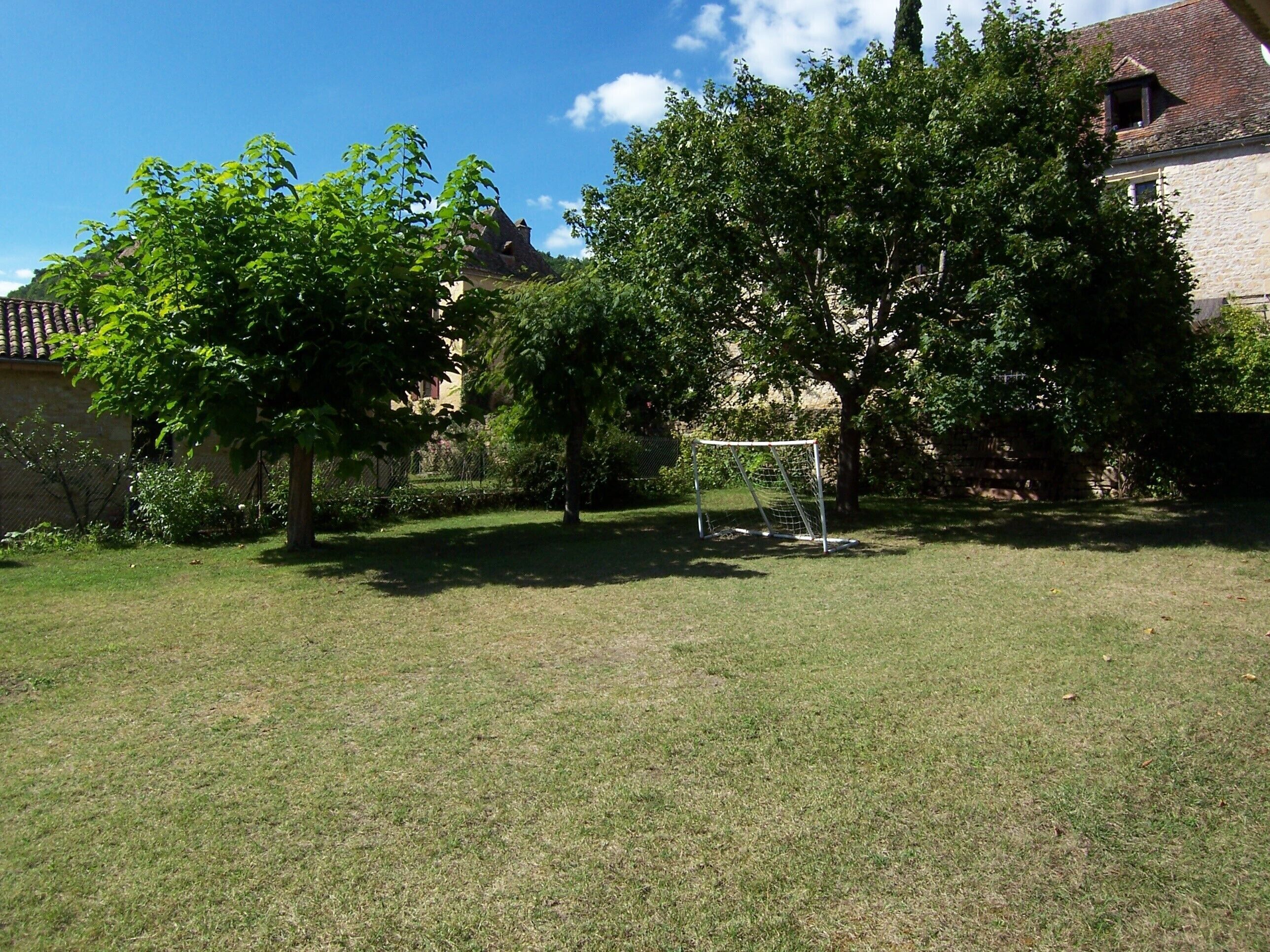 A grassy backyard with a soccer goal, trees, and a building with a tiled roof.