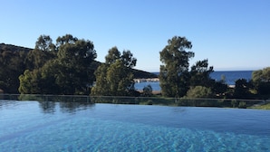 Ein klarer Infinity-Pool mit Blick auf das Meer und Bäume im Hintergrund.