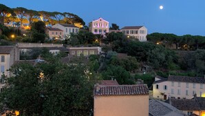 A hillside residential area with houses, some with illuminated facades, and a clear night sky with a visible moon.