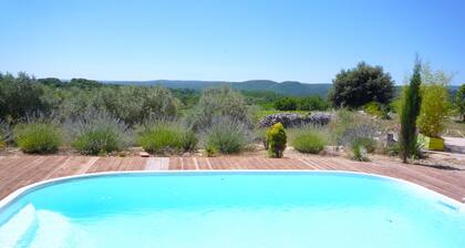 Gite neuf Sud ArdĂšche dans ferme vigneronne en pierre, piscine et spa.
