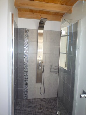 Chuveiro, secador de cabelo, toalhas de banho, sabonete