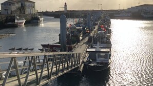 Een haven met aangemeerde boten, een brug en een gebouw met de tekst 'S.N.S.M'.