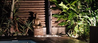 Modern architect villa with swimming pool and lush garden