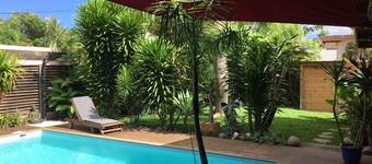 Modern architect villa with swimming pool and lush garden