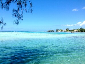 A clear turquoise sea with a beach and overwater bungalows in the background.