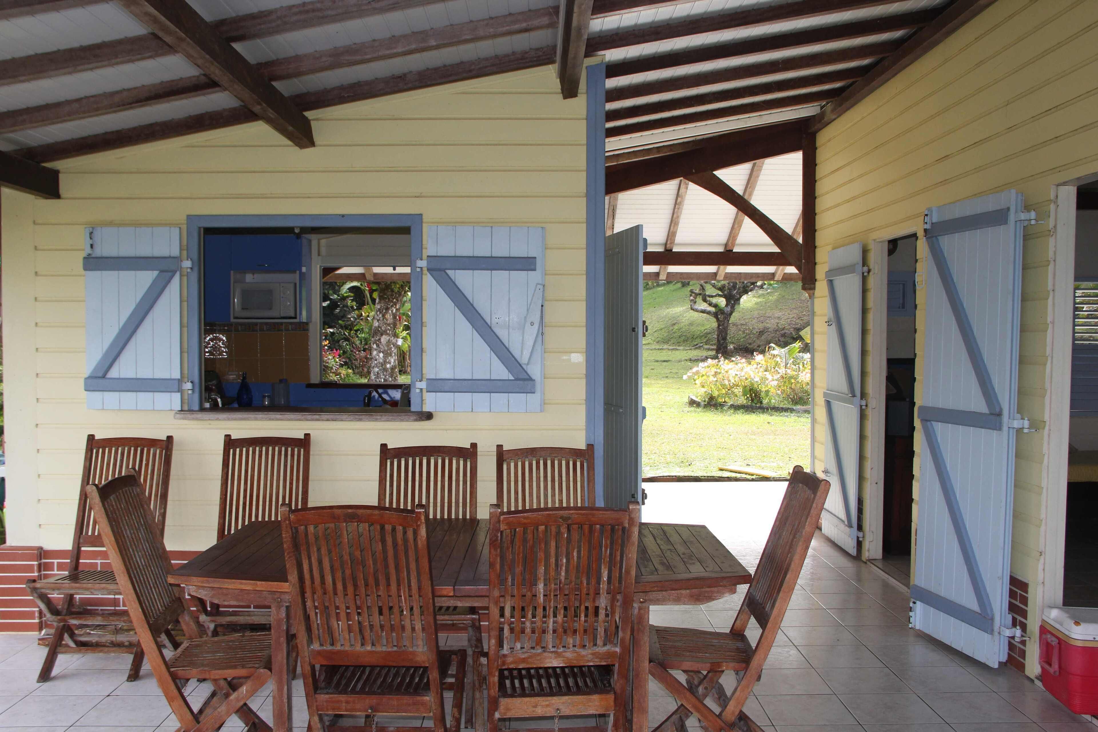 A covered patio area with a wooden table and chairs, a microwave, and a view of the garden.