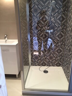 Shower, hair dryer, towels, toilet paper