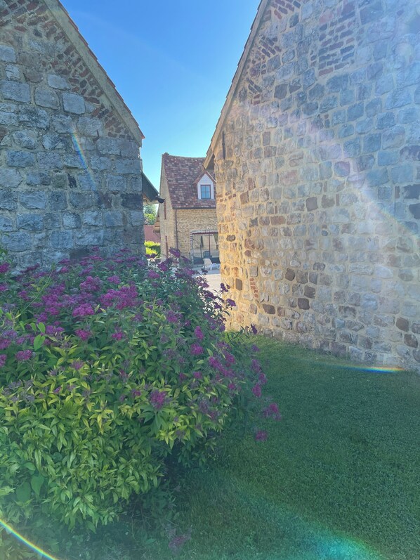 Un edificio de piedra con una ventana pequeña y un jardín lleno de flores moradas.