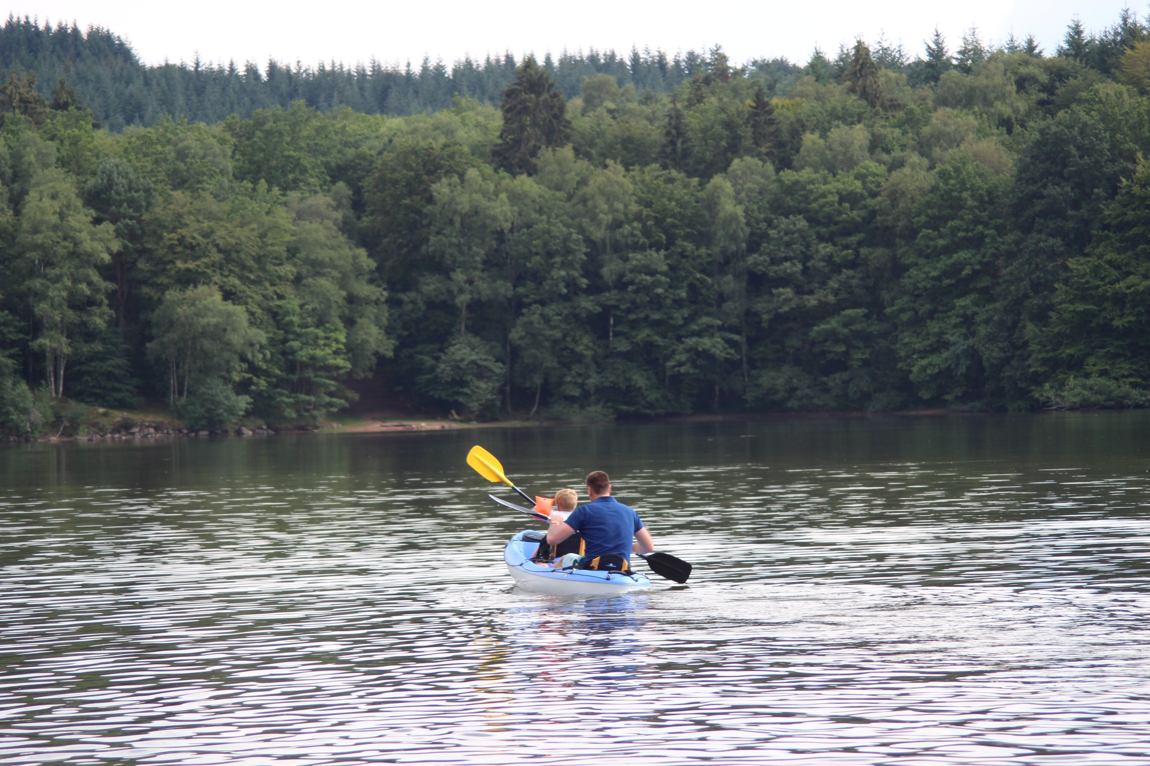 Une personne dans un kayak sur un lac paisible, entouré d’une forêt dense.