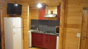 Kompakti keittiö, jossa on jääkaappi, liesi, pesuallas ja seinälle asennettu televisio.