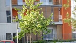 A multi-story building with balconies, a tree in the foreground, and a red car parked on the street. - Furnished studio, near beach and town center, WIFI  (Annecy)