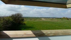 Une vue à travers une fenêtre donnant sur une pièce avec un plancher en bois et un mur blanc.