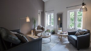 A modern living room with a sofa, armchair, and coffee table, featuring large windows and a hanging light fixture. - ST REMY DE PROVENCE APARTMENTS AND LOFTS (Saint-Rémy-De-Provence)