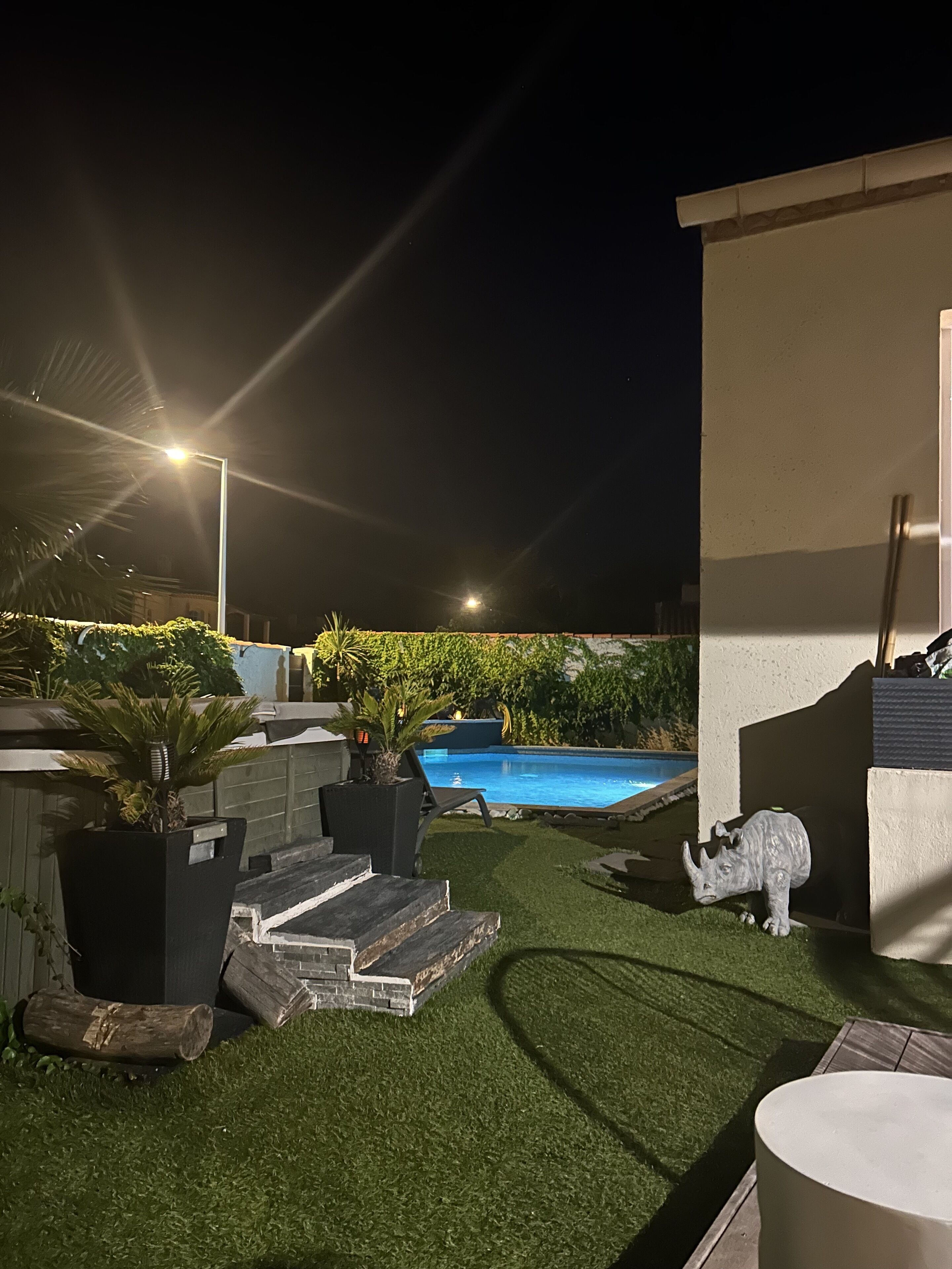 A backyard with a swimming pool, artificial grass, a statue, and a well-lit street lamp.