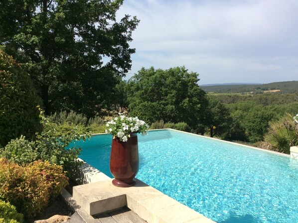 A rectangular swimming pool with clear blue water, surrounded by lush greenery and trees.