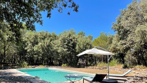 A swimming pool with lounge chairs and a table, surrounded by trees.