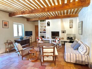 TV, fireplace, books, stereo