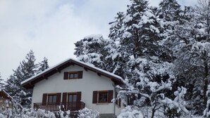 Una casa de dos pisos con balcón, rodeada de árboles y arbustos cubiertos de nieve.