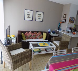 Televisio, DVD-soitin, leluja, kirjoja