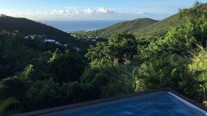 Une piscine offrant une vue sur un paysage verdoyant et luxuriant ainsi que sur des collines lointaines.